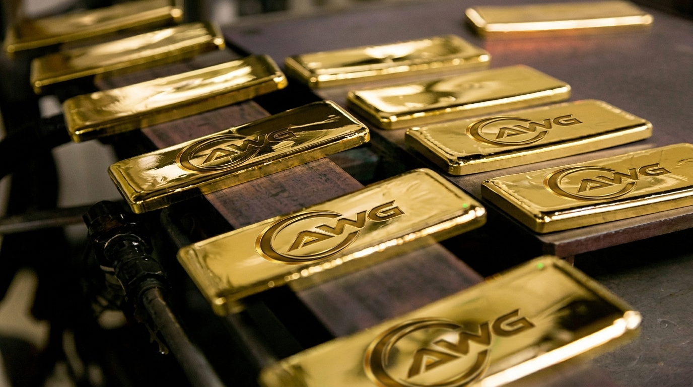 Row of AWG-stamped gold bars